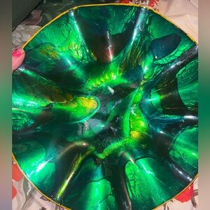 Green Iridescent Enameled Goat Skin Bowl From Mexico Vintage 1960s - 1970s